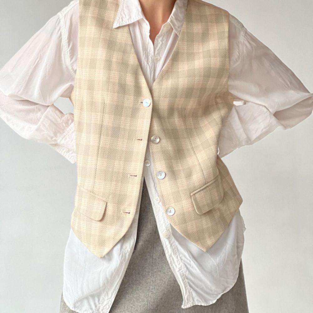 VTG,Liz Claiborne Made USA ILGWU Company Cream and Tan Checkered Vest Size 14